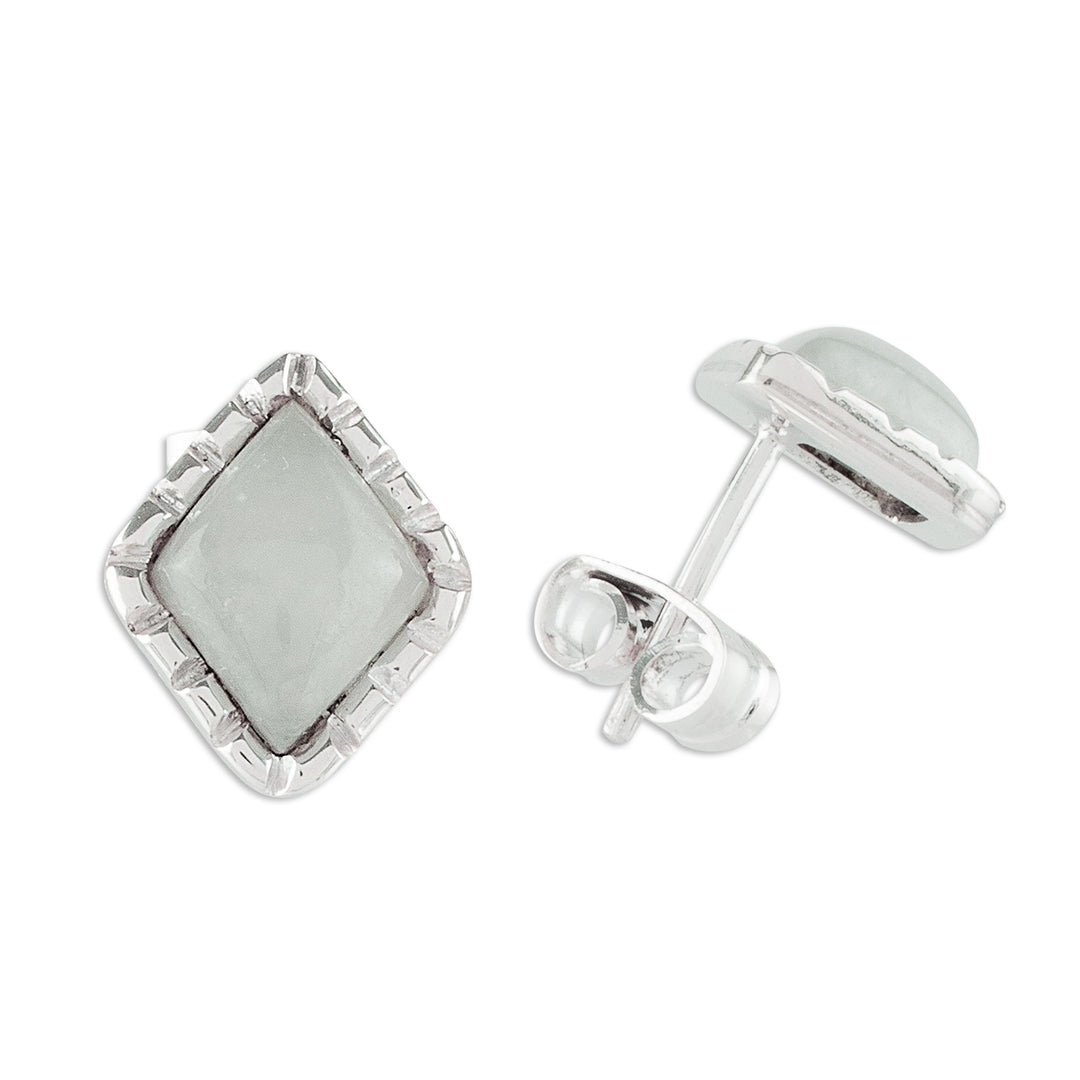 Silver Stud Earrings with Pale Ice Green Jade Diamonds - Ice Green Diamond