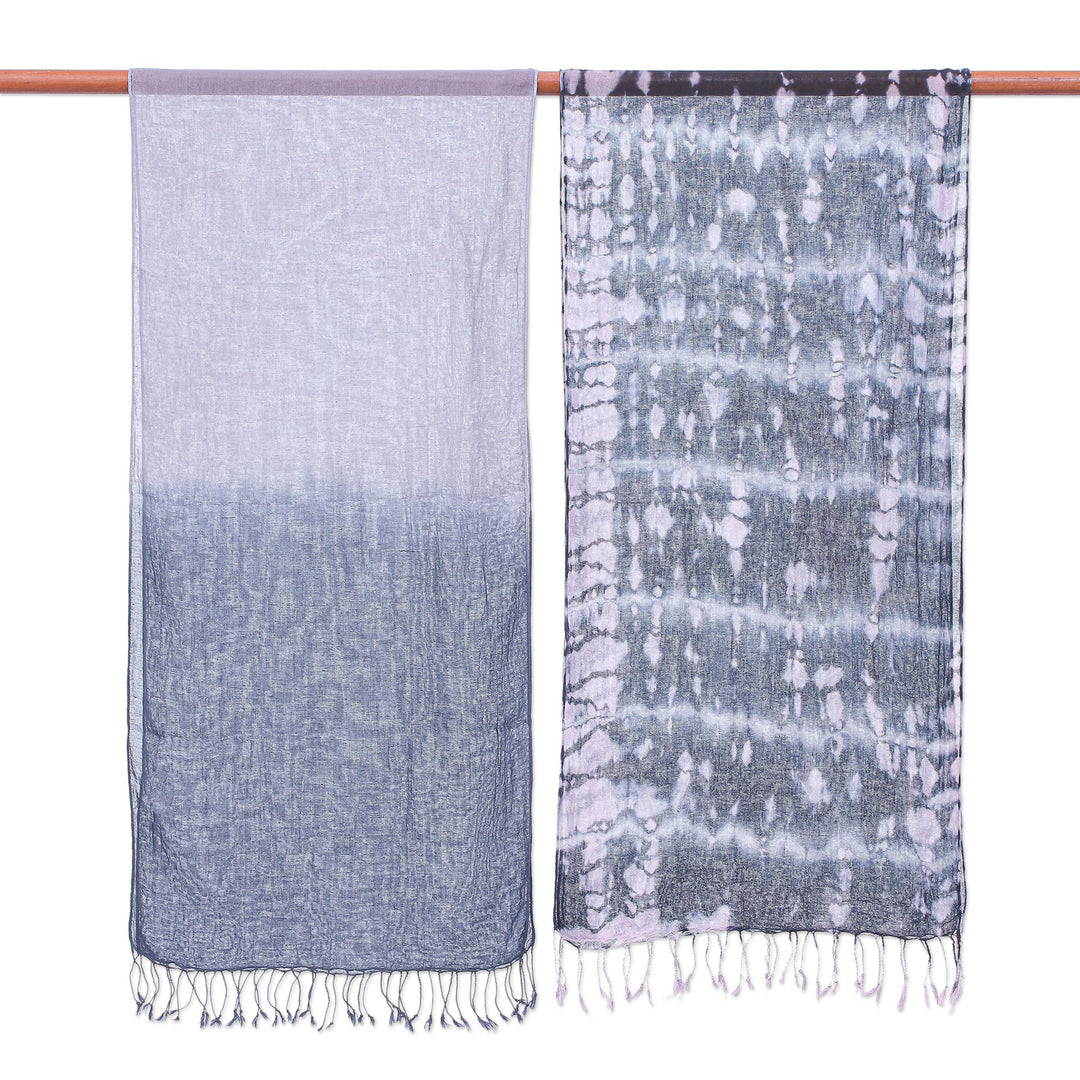 Pair of Cotton Tie-Dye Scarves in Shades of Grey - Galaxy of Love
