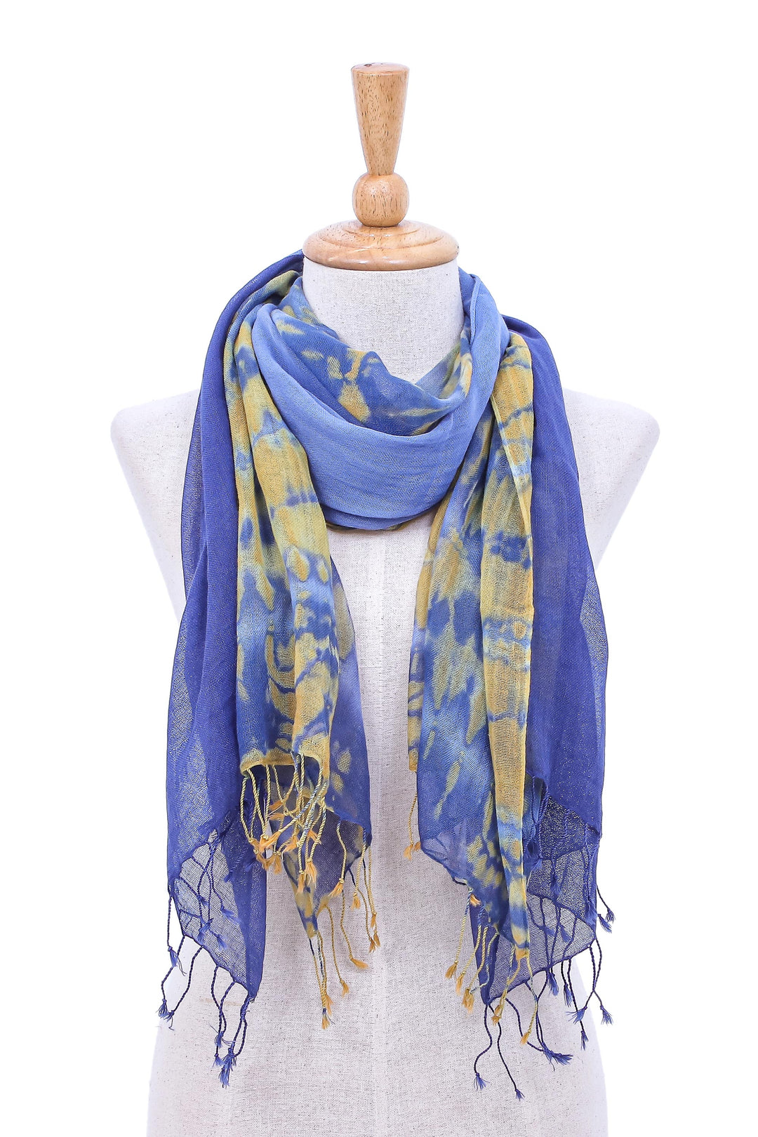 Pair of Cotton Tie-Dye Scarves in Blue and Yellow - Wave of Love