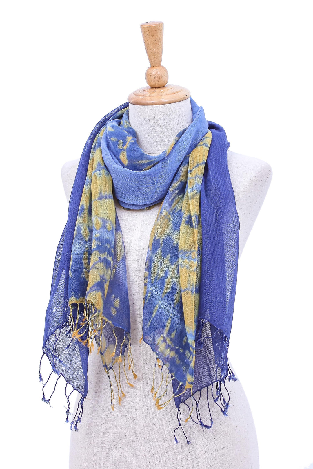 Pair of Cotton Tie-Dye Scarves in Blue and Yellow - Wave of Love