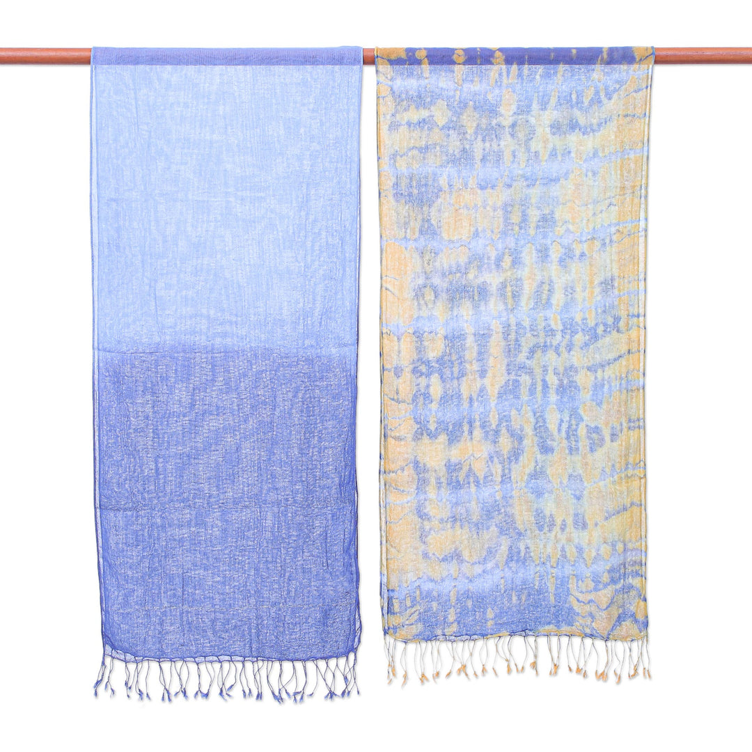 Pair of Cotton Tie-Dye Scarves in Blue and Yellow - Wave of Love