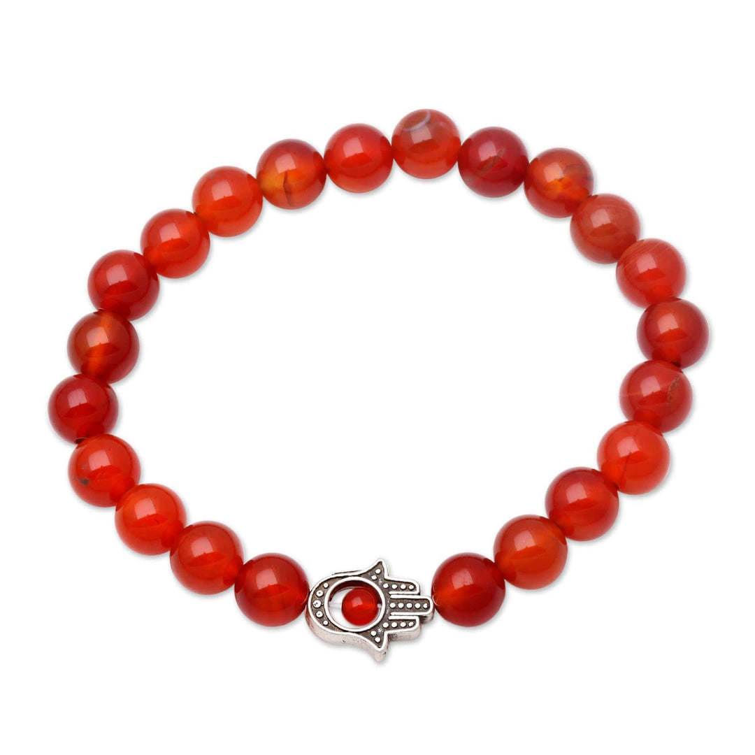 Carnelian Beaded Stretch Bracelet with Hamsa Hand - Hamsa Hand