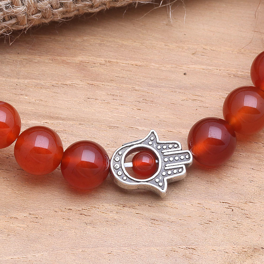 Carnelian Beaded Stretch Bracelet with Hamsa Hand - Hamsa Hand