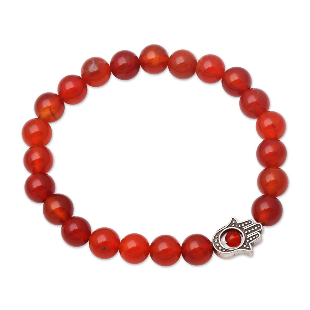 Carnelian Beaded Stretch Bracelet with Hamsa Hand - Hamsa Hand