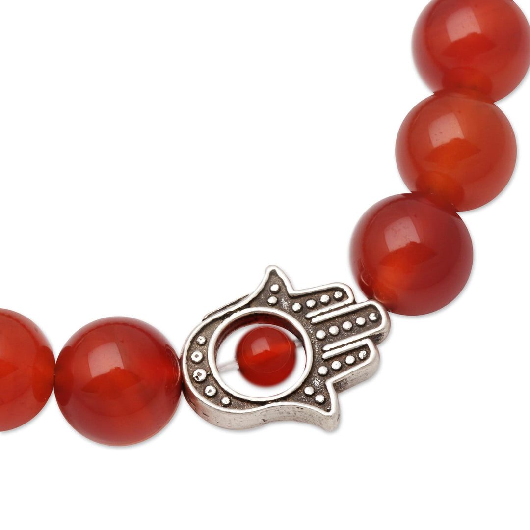 Carnelian Beaded Stretch Bracelet with Hamsa Hand - Hamsa Hand