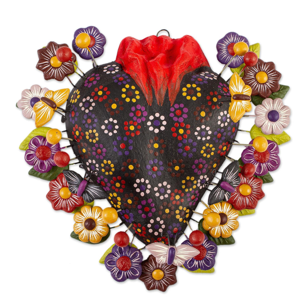 Ceramic Tree of Life Style Floral Heart Wall Sculpture - Floral Butterfly Heart