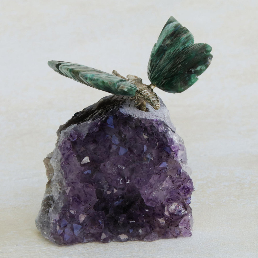 Serpentinite and Amethyst Butterfly Gemstone Figurine - Forest Wings