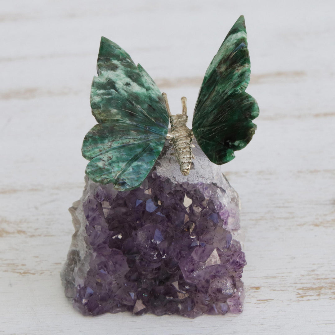 Serpentinite and Amethyst Butterfly Gemstone Figurine - Forest Wings