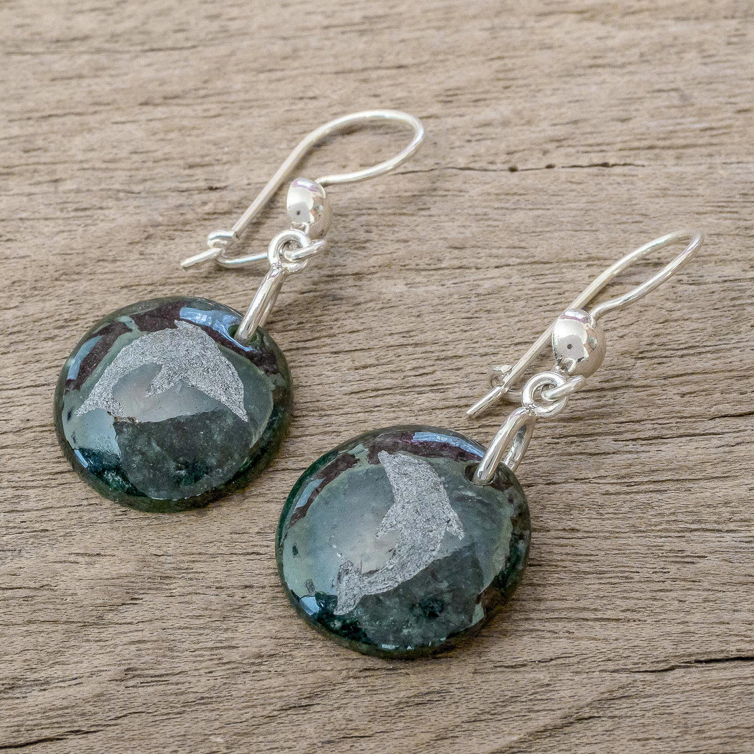 Sterling Silver and Jade Dolphin Dangle Earrings - Love of Nature - Dolphin