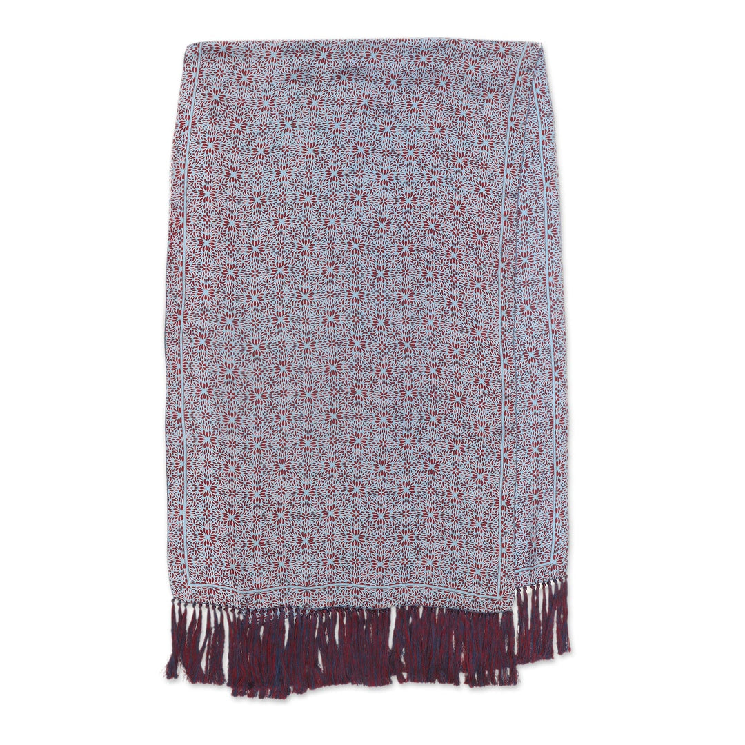 Aster Print Light Blue and Crimson Batik Shawl - Aster Blue