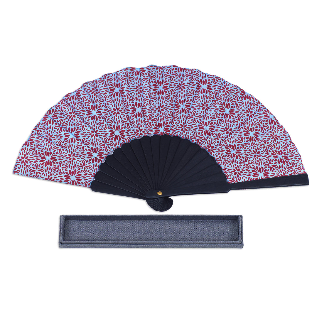Unique Silk Batik Fan with Floral Print - Aster Blue