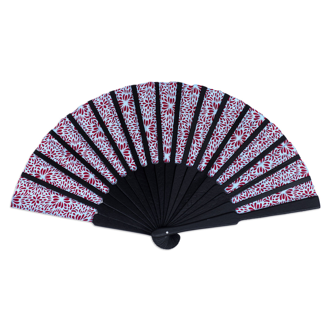 Unique Silk Batik Fan with Floral Print - Aster Blue