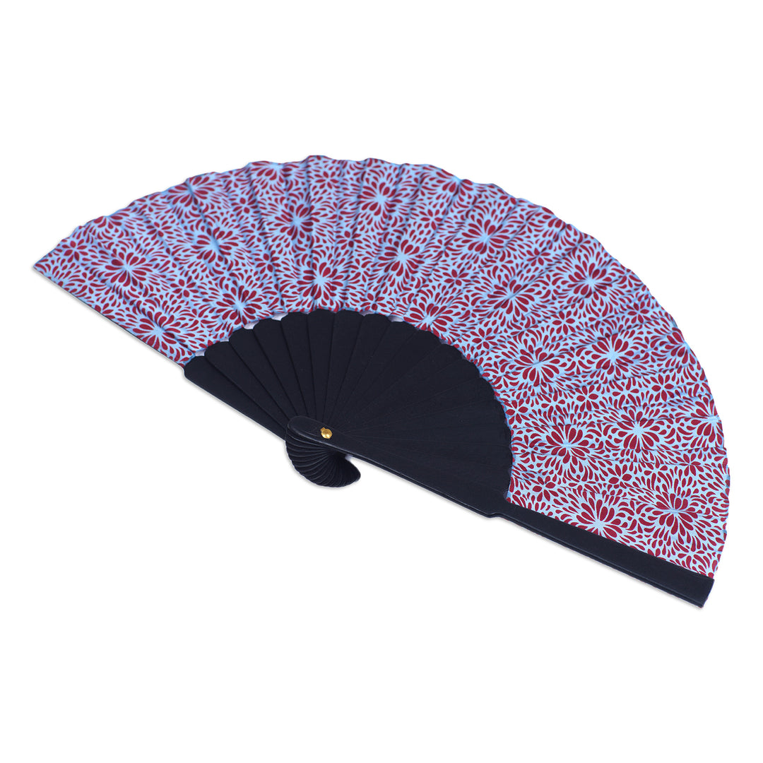 Unique Silk Batik Fan with Floral Print - Aster Blue