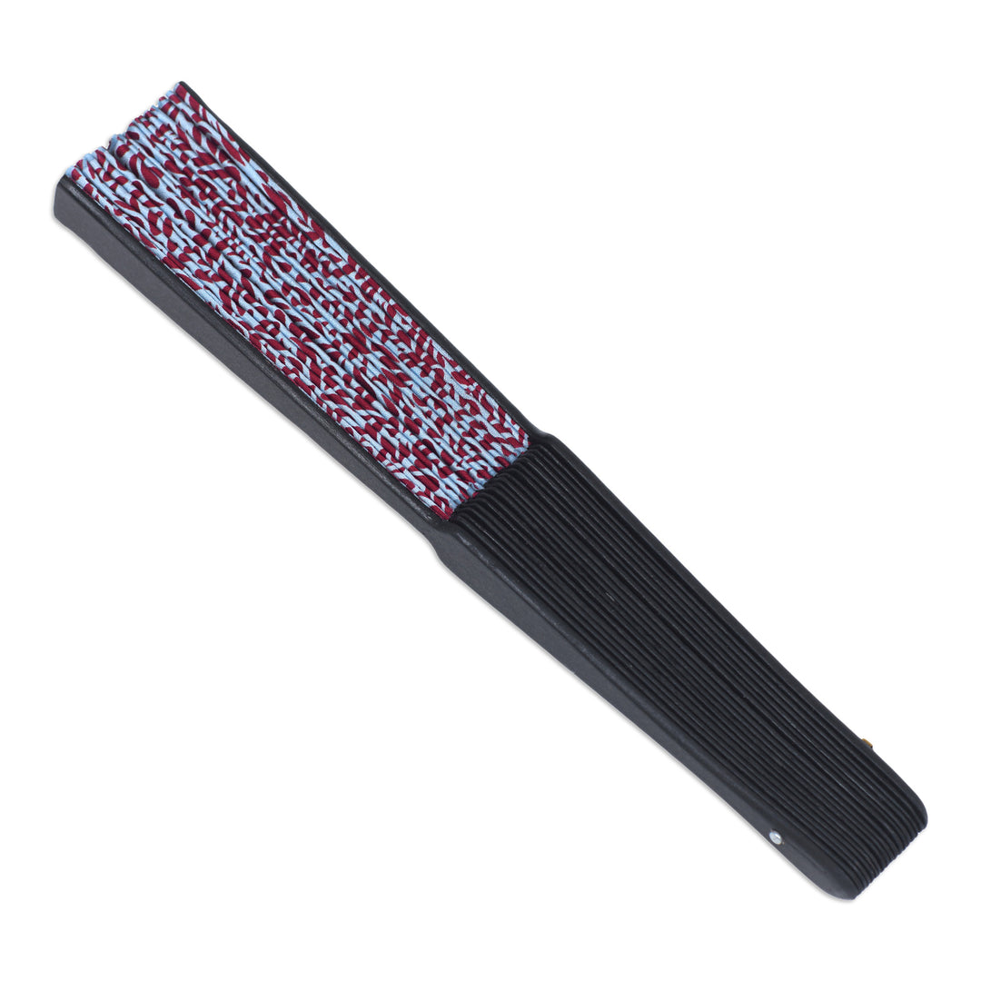 Unique Silk Batik Fan with Floral Print - Aster Blue