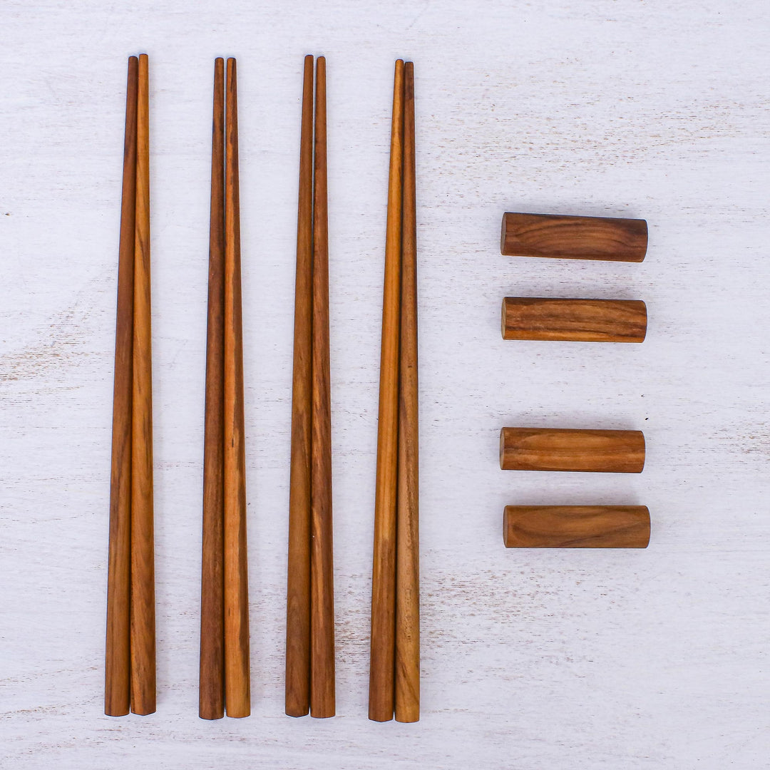 Teak Chopstick Set of 4 with Rests - Smooth Meal