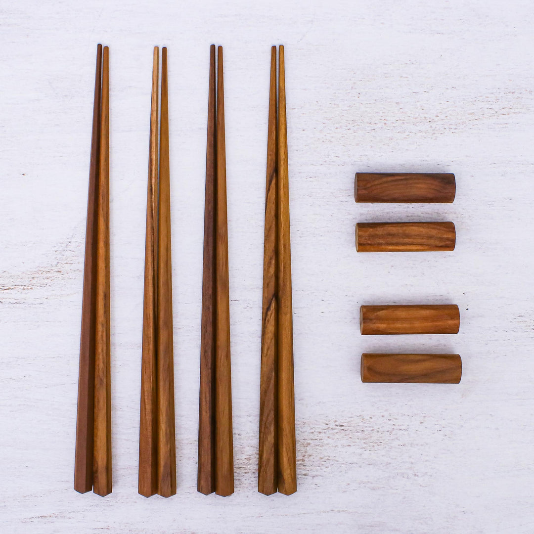 Hexagonal Teak Chopstick Set of 4 with Rests - Authentic Meal