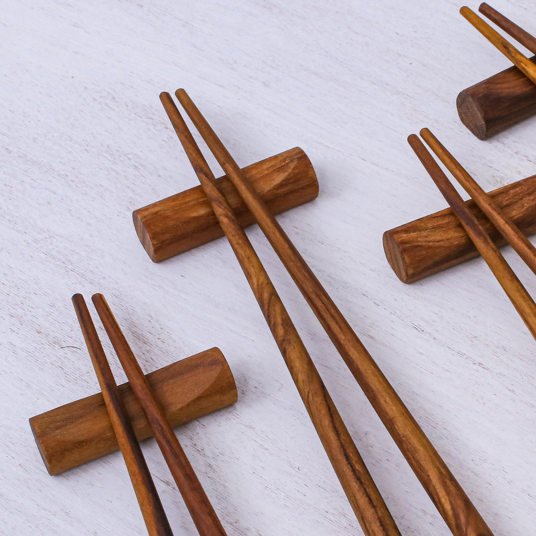 Teak Wood Chopsticks from Thailand Set of 4 with Rests - Miraculous