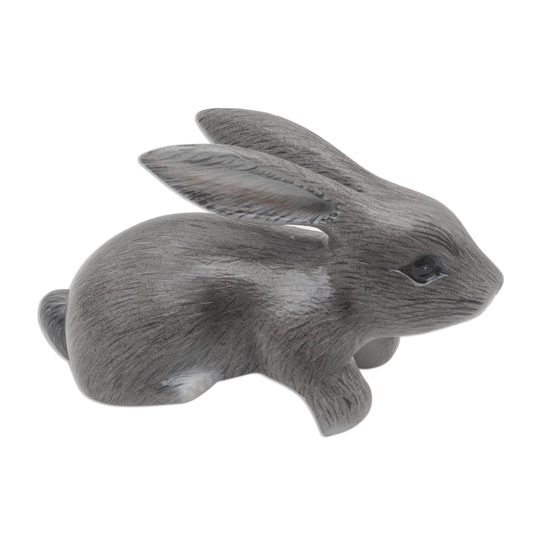 Hand Carved Wood Bunny Statuette in Grey - Curious Rabbit in Grey