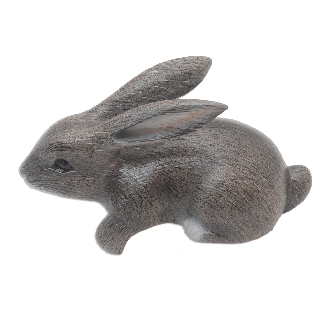 Hand Carved Wood Bunny Statuette in Grey - Curious Rabbit in Grey