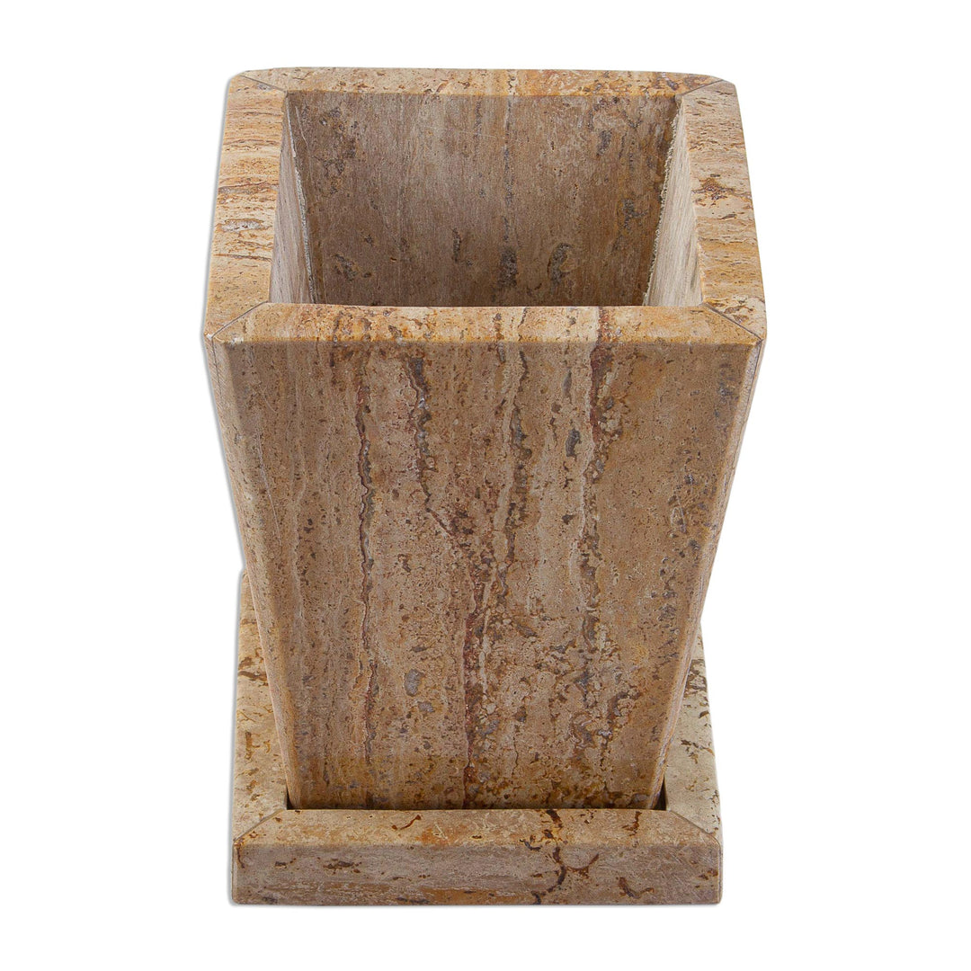 Modern Flower Pot of Brown Marble with Vertical Veins - Earth Contempo