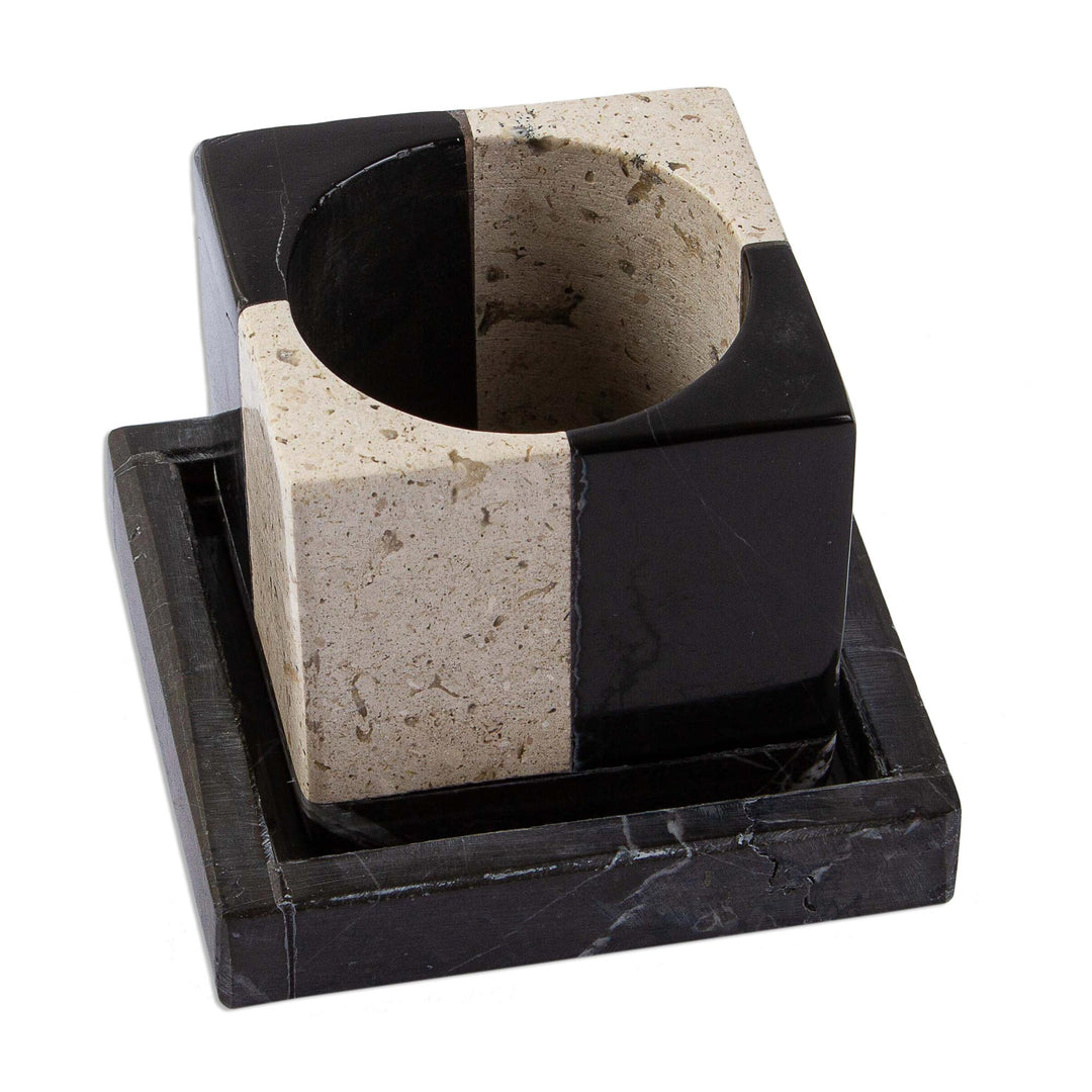 Square Travertine and Black Marble Planter with Saucer - Attractive Opposites