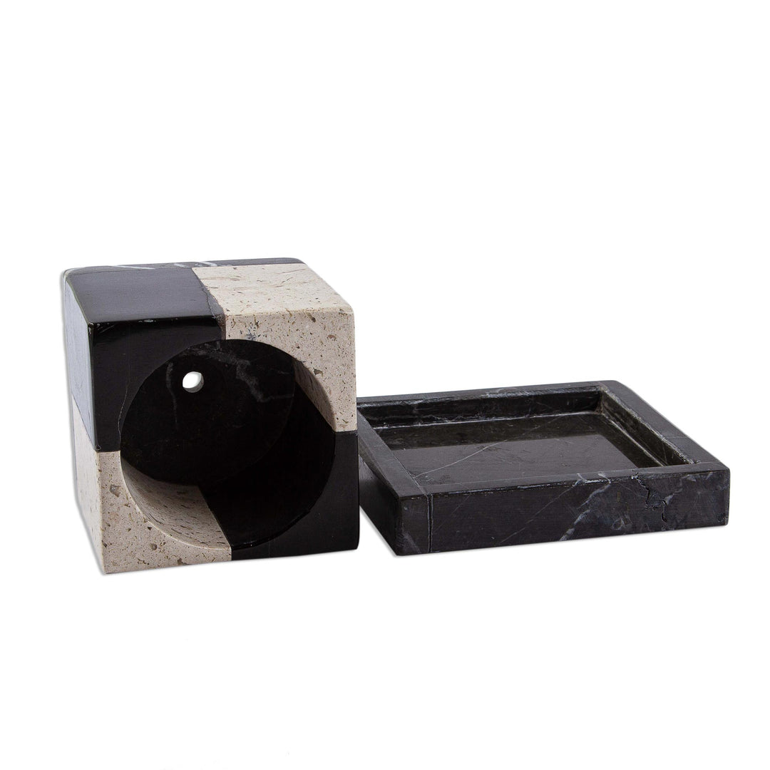 Square Travertine and Black Marble Planter with Saucer - Attractive Opposites