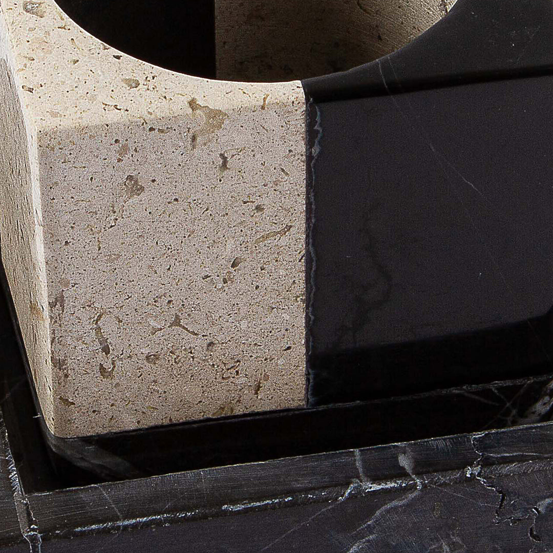 Square Travertine and Black Marble Planter with Saucer - Attractive Opposites