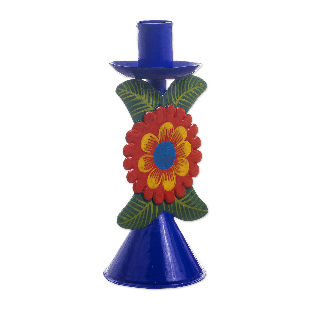 Hand Painted Floral Metal Candlestick - Andean Flora in Royal