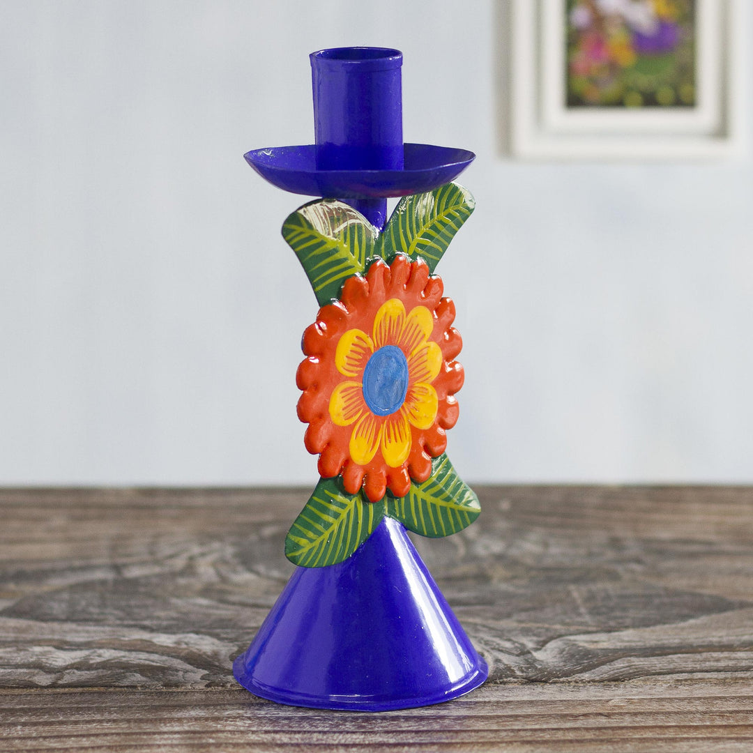 Hand Painted Floral Metal Candlestick - Andean Flora in Royal