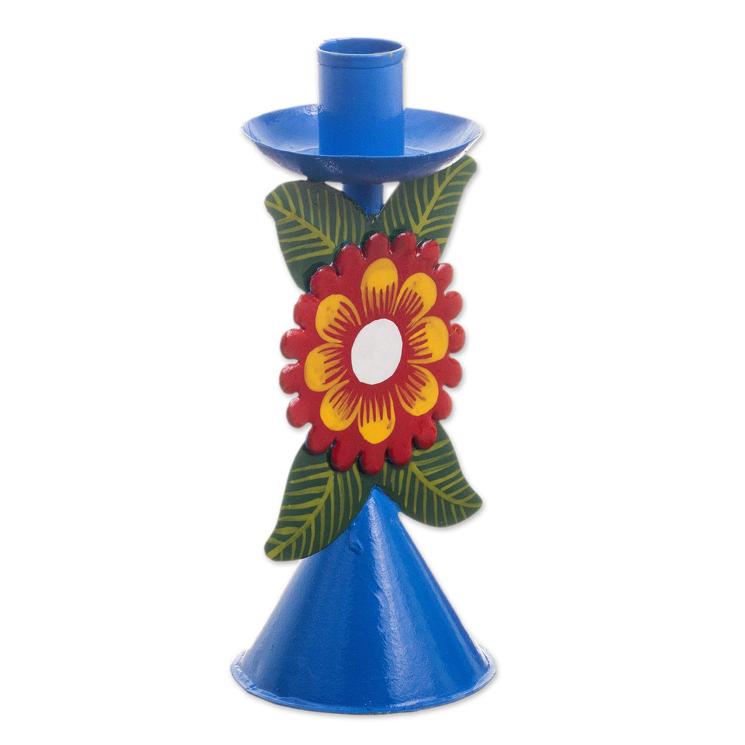 Sky Blue Recycled Metal Candlestick with Flower - Andean Flora in Sky Blue