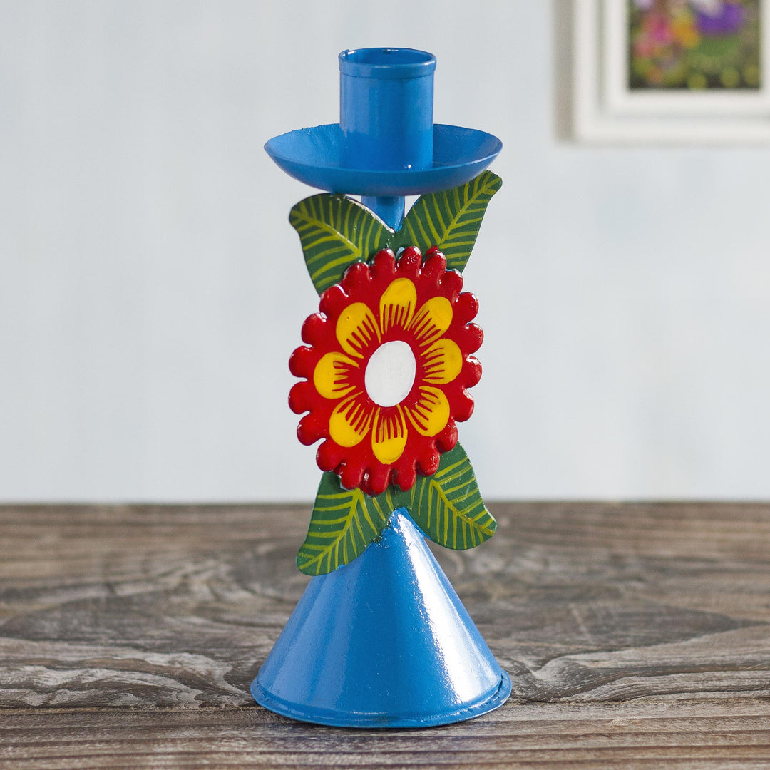 Sky Blue Recycled Metal Candlestick with Flower - Andean Flora in Sky Blue