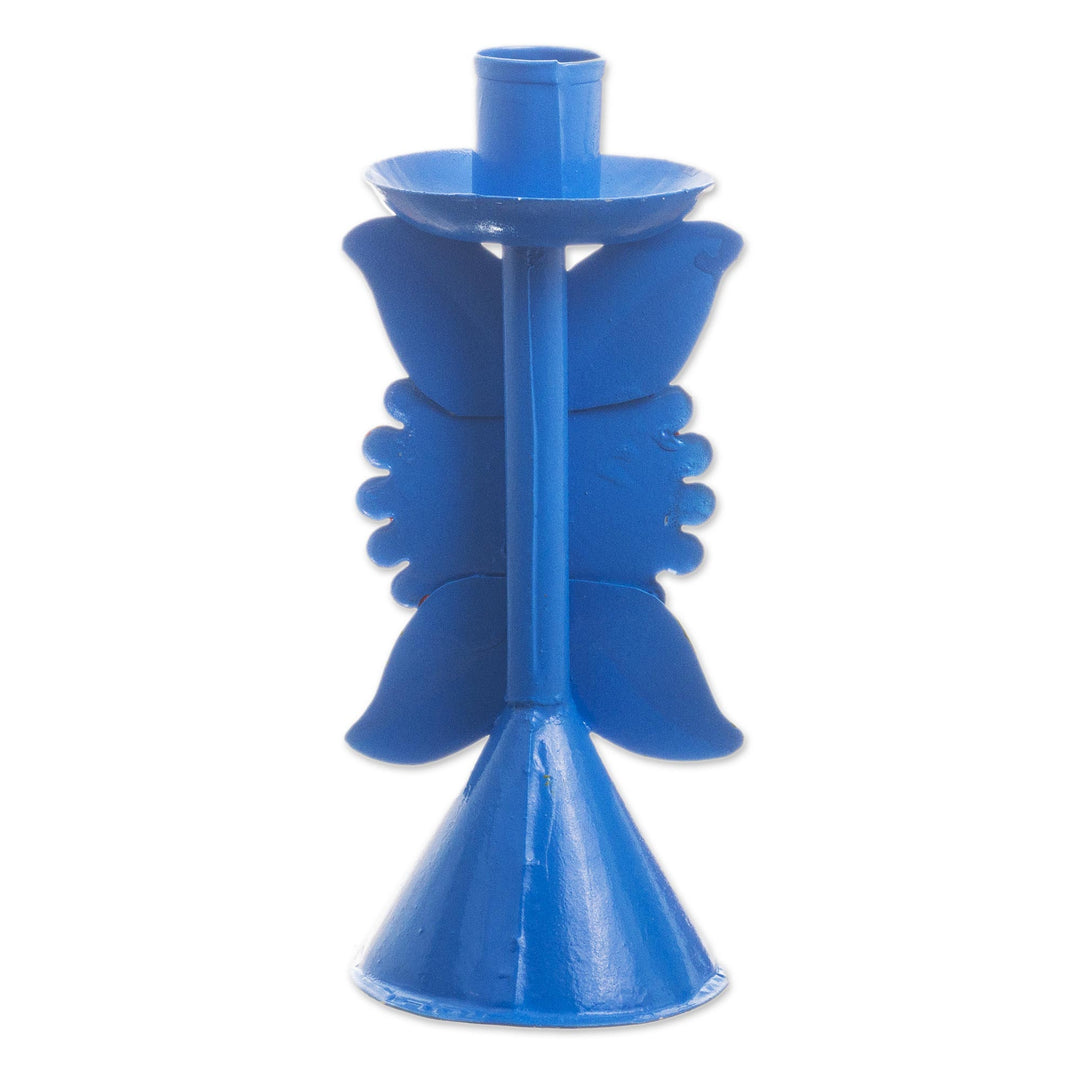 Sky Blue Recycled Metal Candlestick with Flower - Andean Flora in Sky Blue
