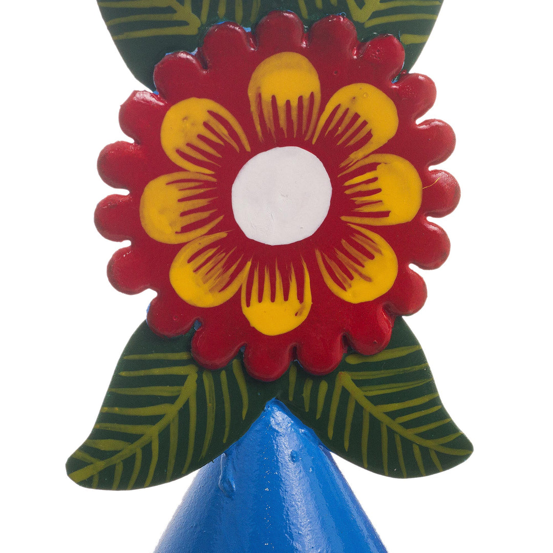 Sky Blue Recycled Metal Candlestick with Flower - Andean Flora in Sky Blue