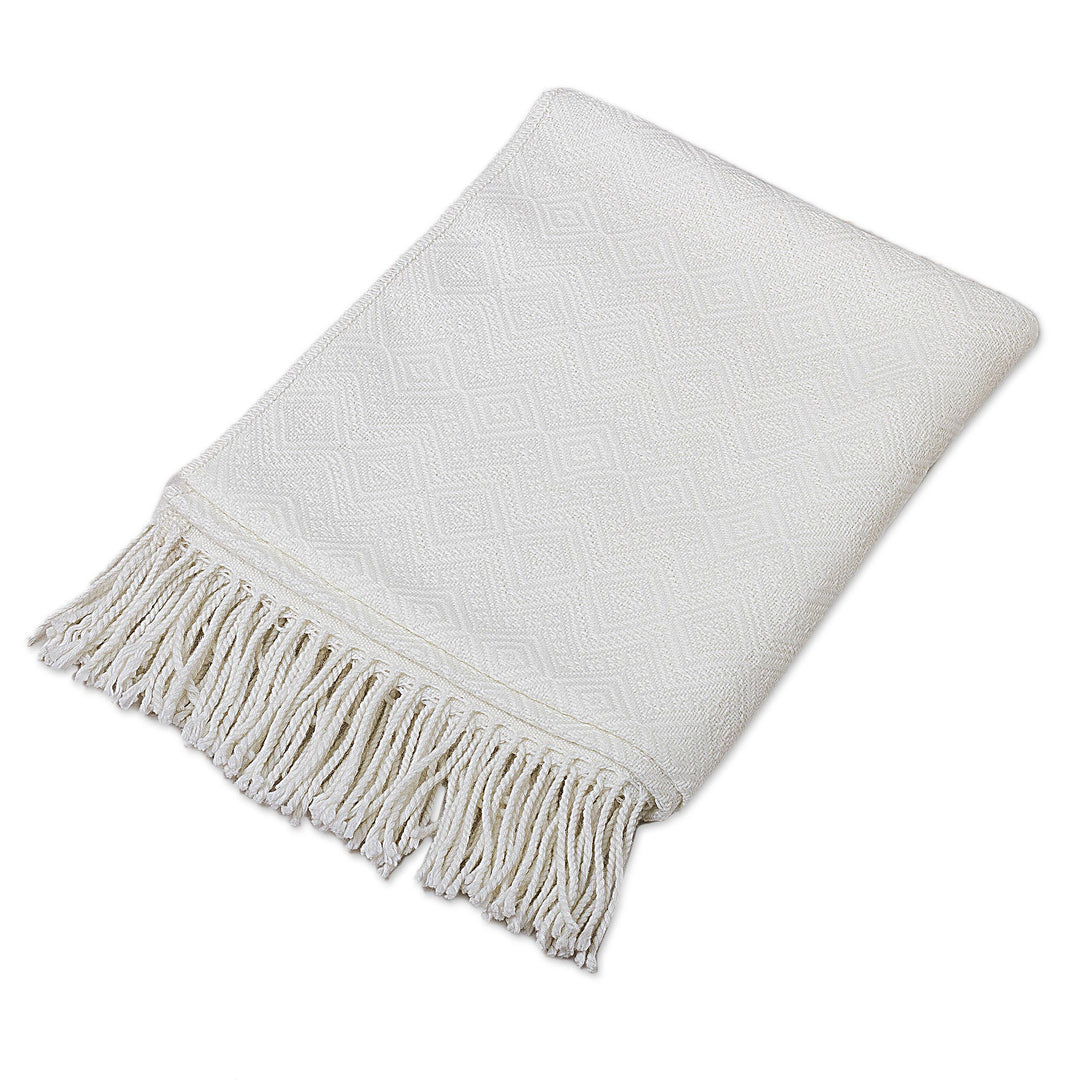 Textured White Alpaca Acrylic Blend Throw Blanket from Peru - White Andean Textures