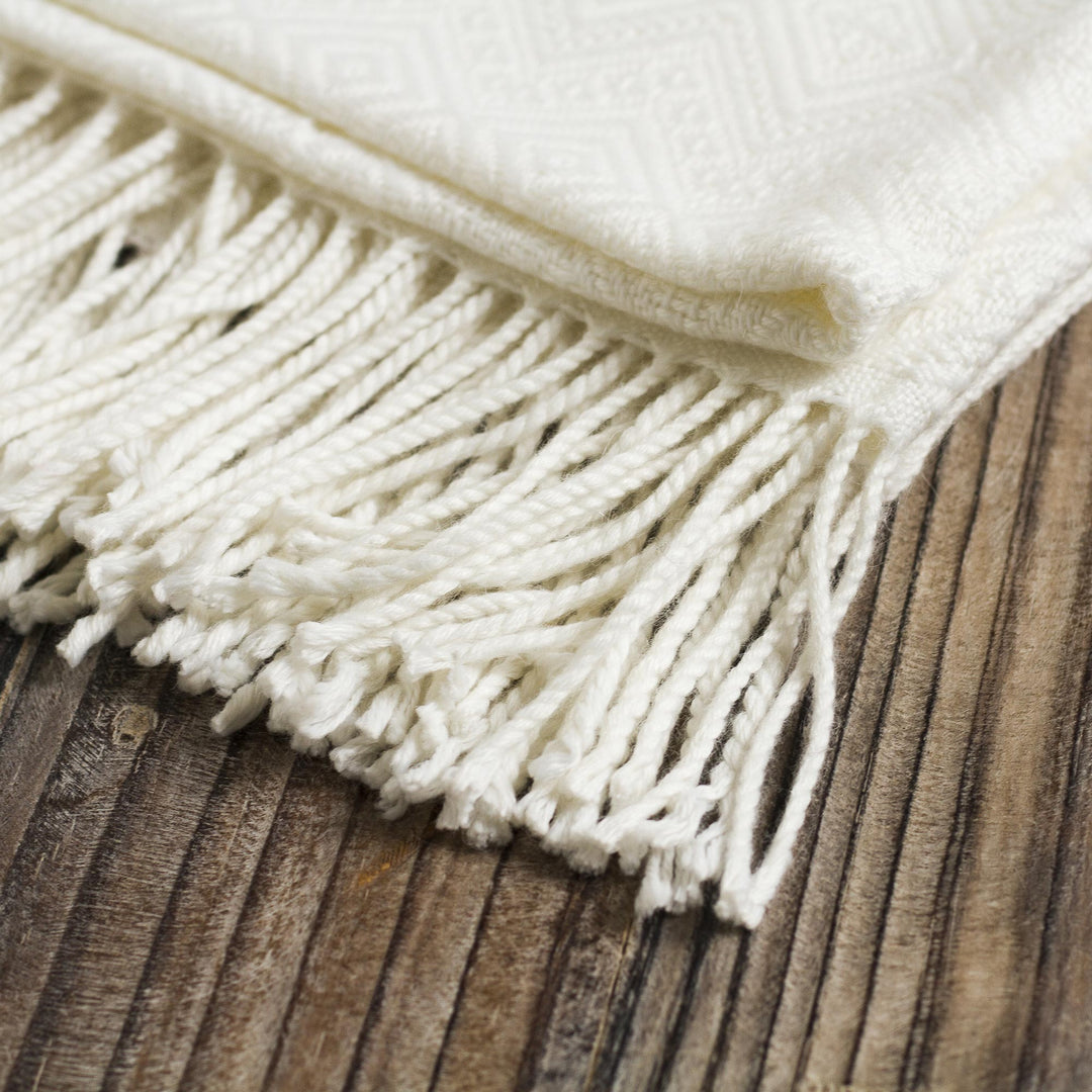 Textured White Alpaca Acrylic Blend Throw Blanket from Peru - White Andean Textures