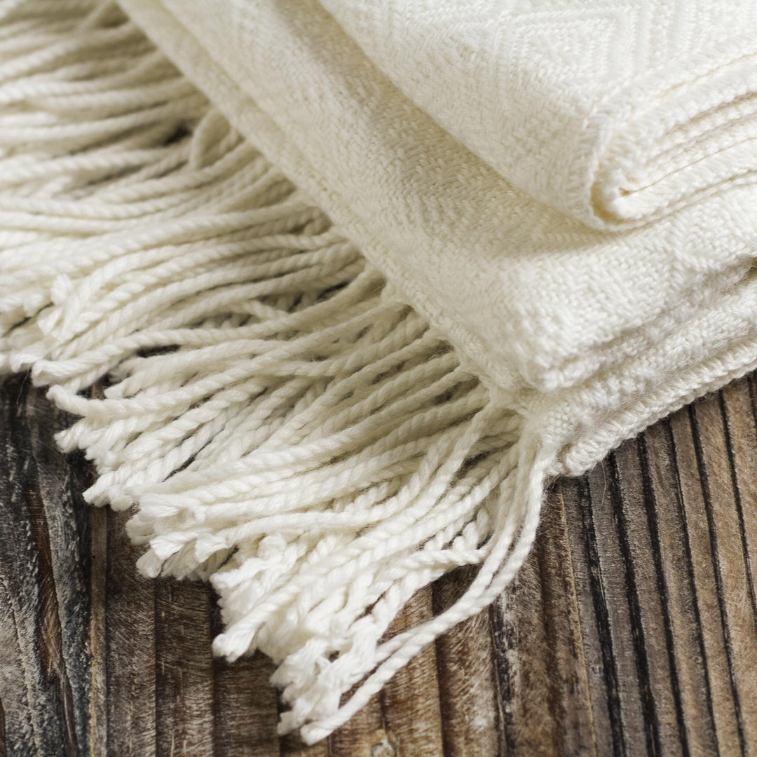 Textured White Alpaca Acrylic Blend Throw Blanket from Peru - White Andean Textures