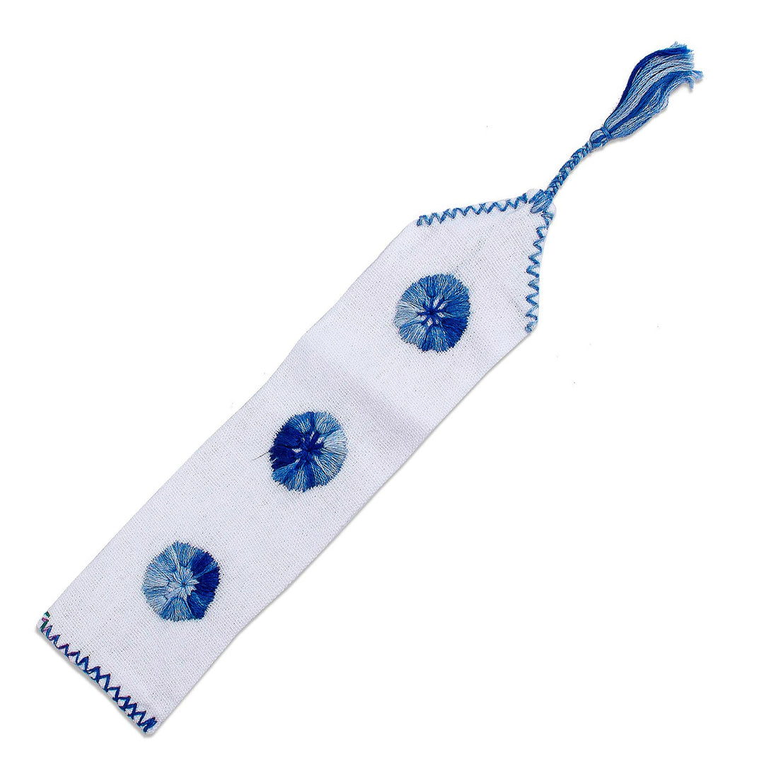 Handwoven White Cotton Bookmark with Blue Embroidery - San Cristobal Skies