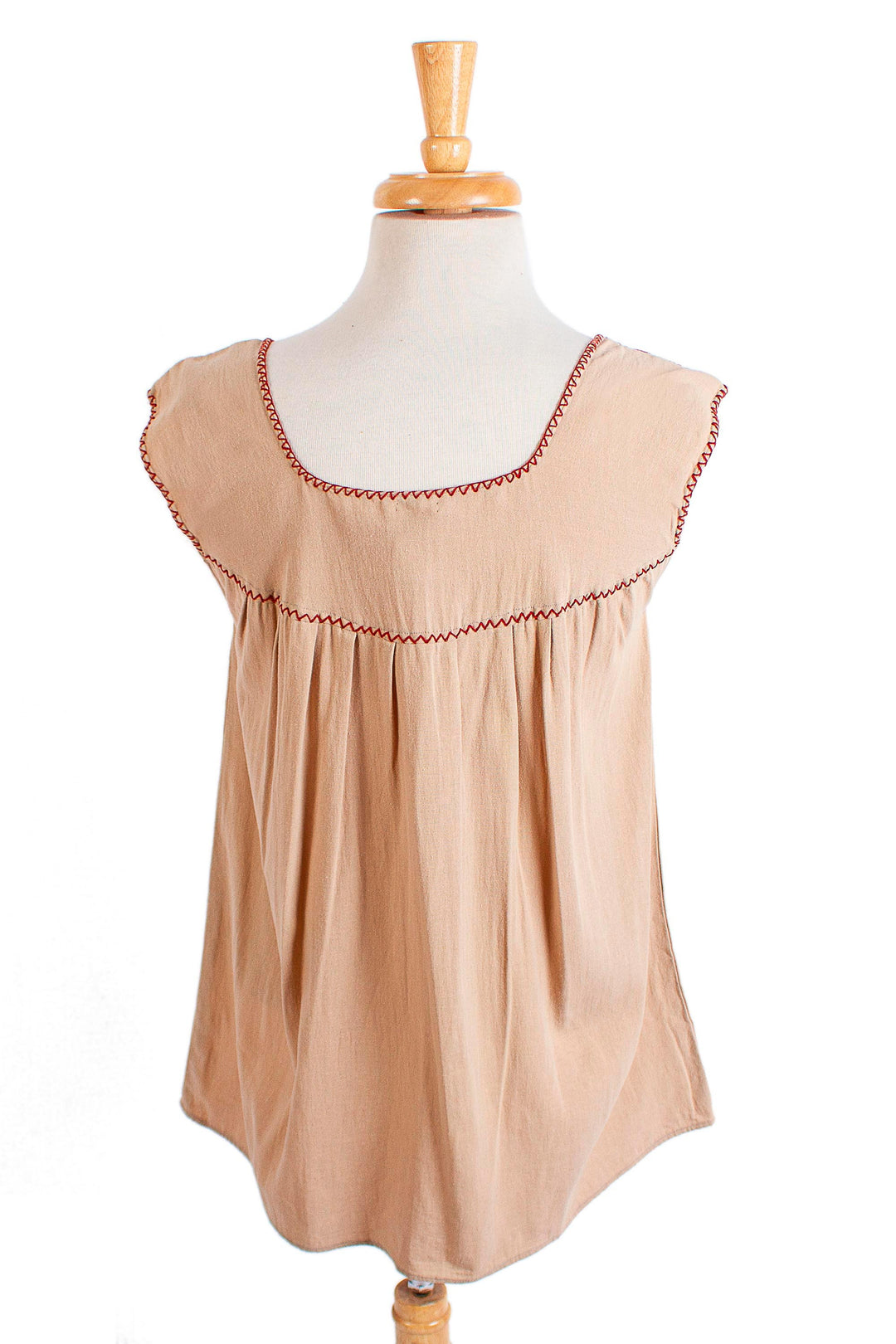 Beige Cotton Blouse with Traditional Red Embroidery - San Cristobal Tradition