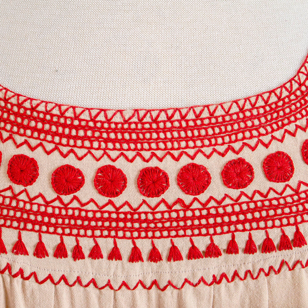 Beige Cotton Blouse with Traditional Red Embroidery - San Cristobal Tradition