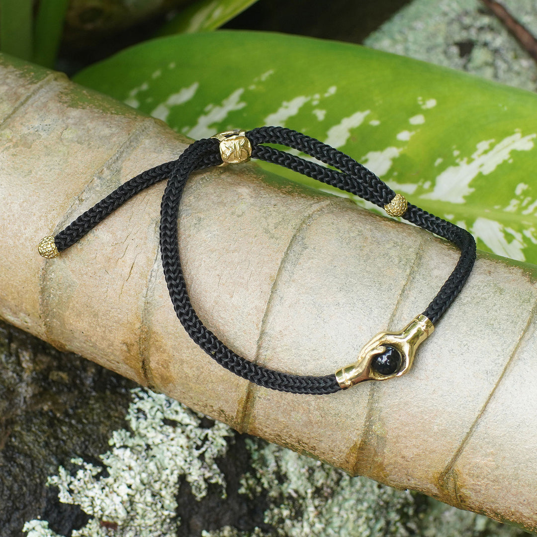 Brass and Black Obsidian Cord Unity Bracelet from Bali - Golden Handshake