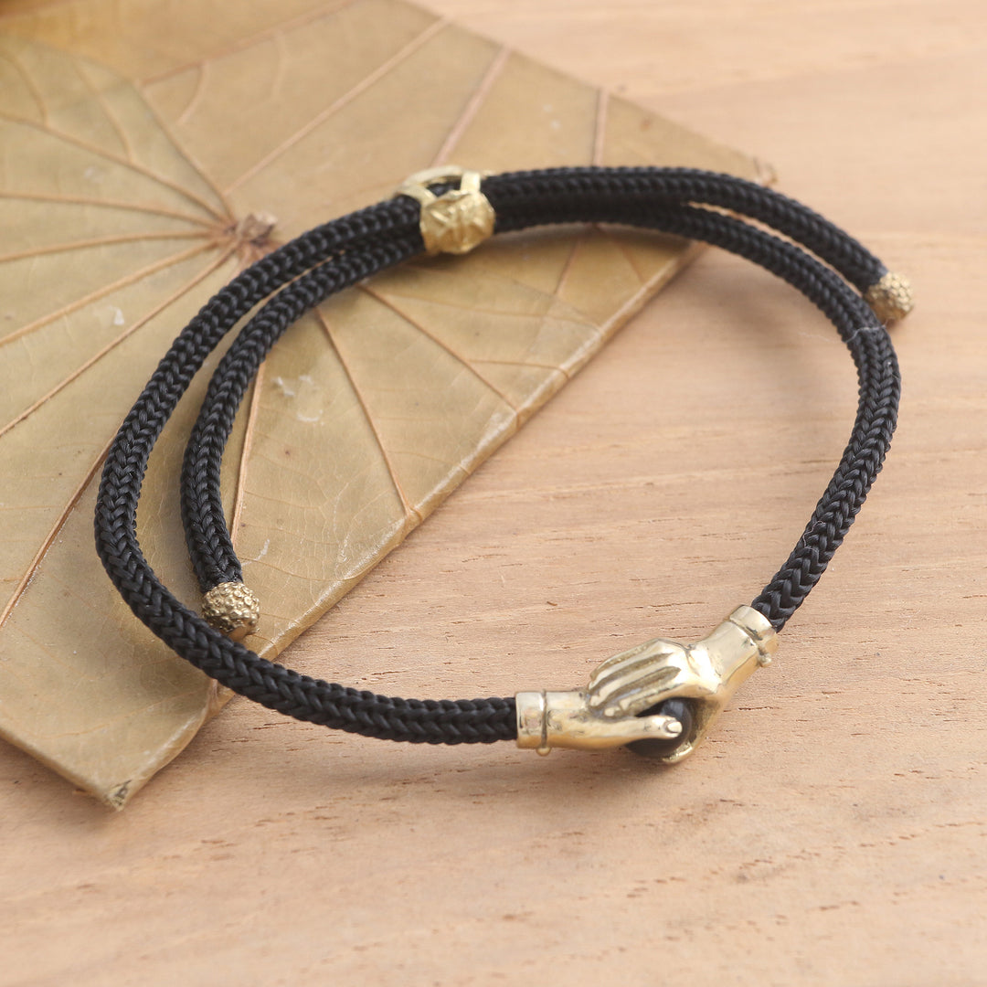 Brass and Black Obsidian Cord Unity Bracelet from Bali - Golden Handshake
