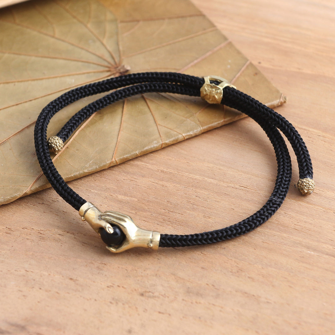 Brass and Black Obsidian Cord Unity Bracelet from Bali - Golden Handshake