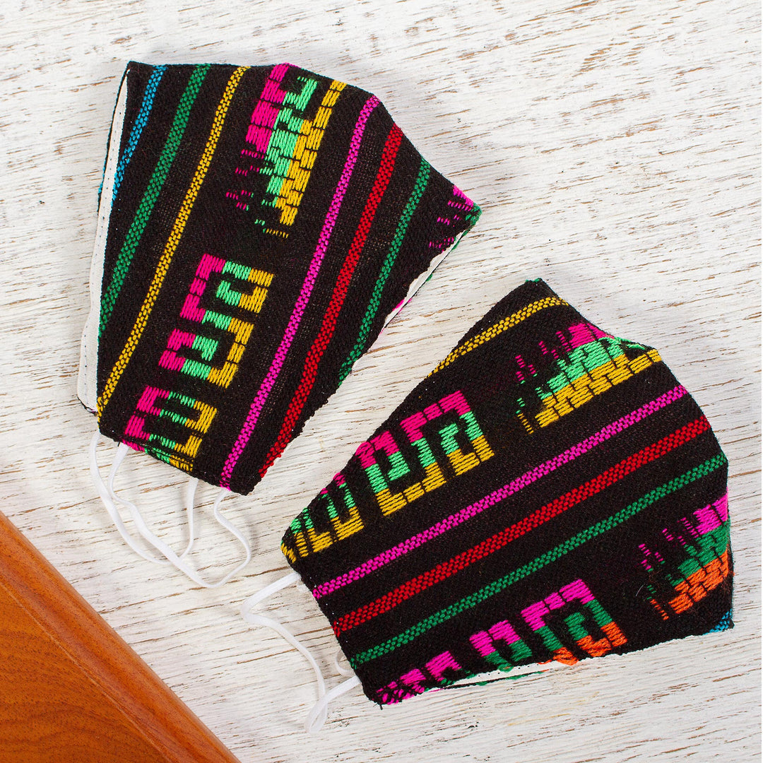 2 Black Embroidered Cambaya Cloth Mexico Face Masks - Fiesta in Mexico