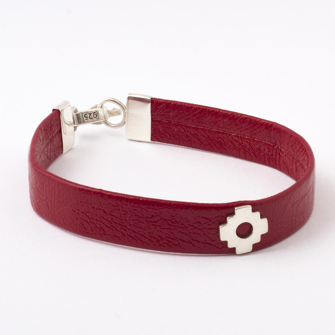 Red Faux Leather Unity Bracelet with Sterling Silver - Red Chacana Unity