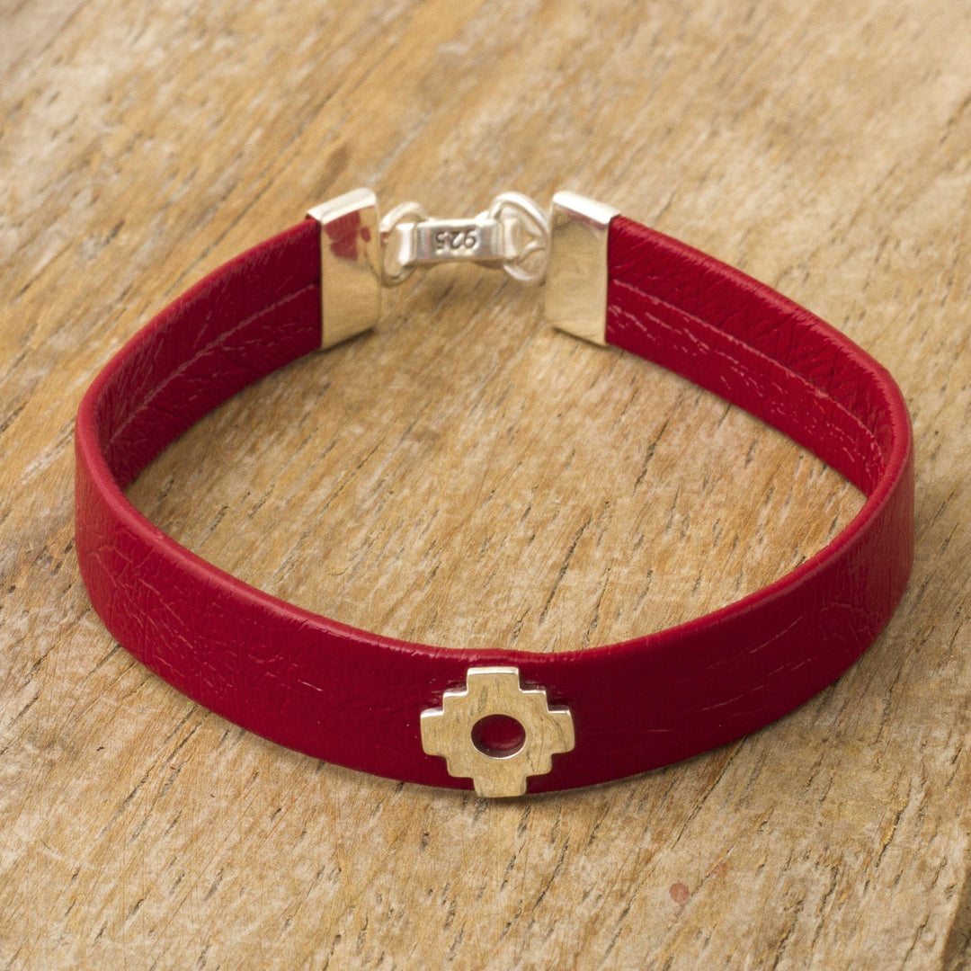 Red Faux Leather Unity Bracelet with Sterling Silver - Red Chacana Unity