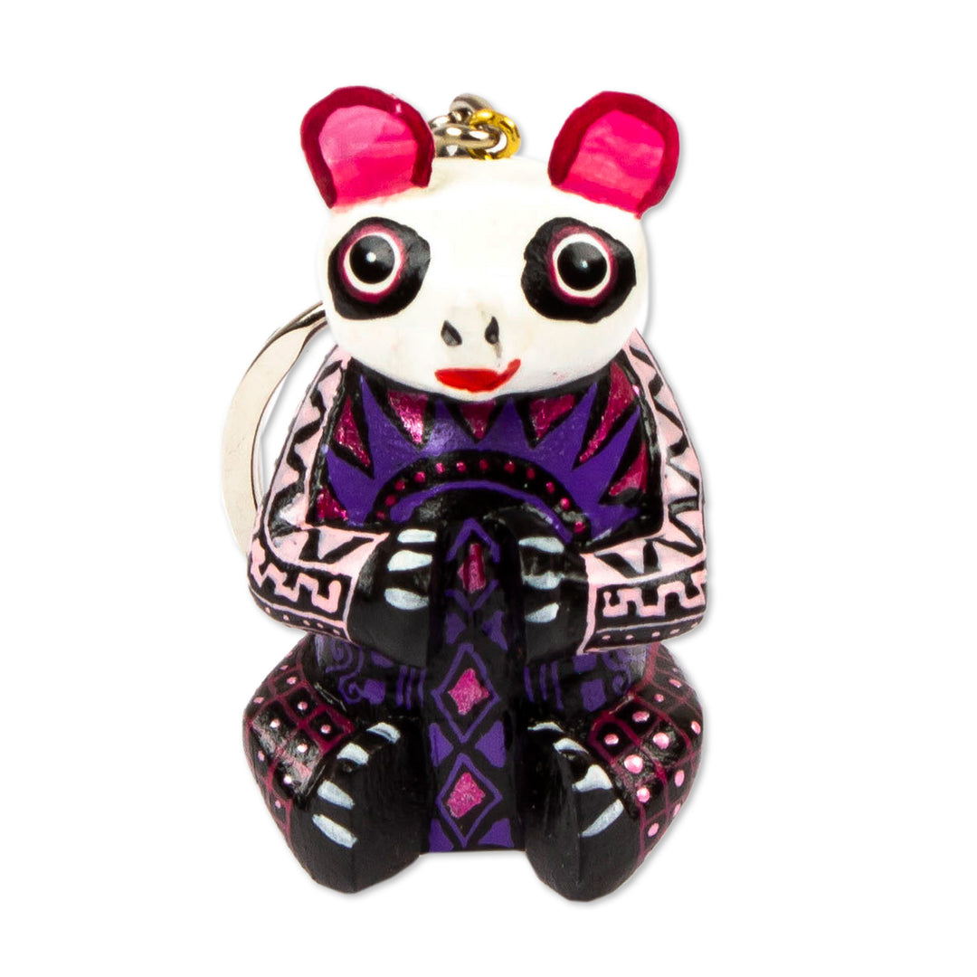 Cute Wood Alebrije Panda Key Fob - Wide-Eyed Panda