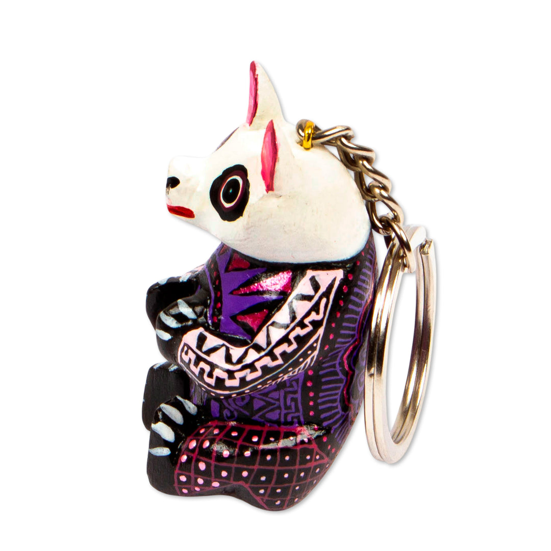 Cute Wood Alebrije Panda Key Fob - Wide-Eyed Panda