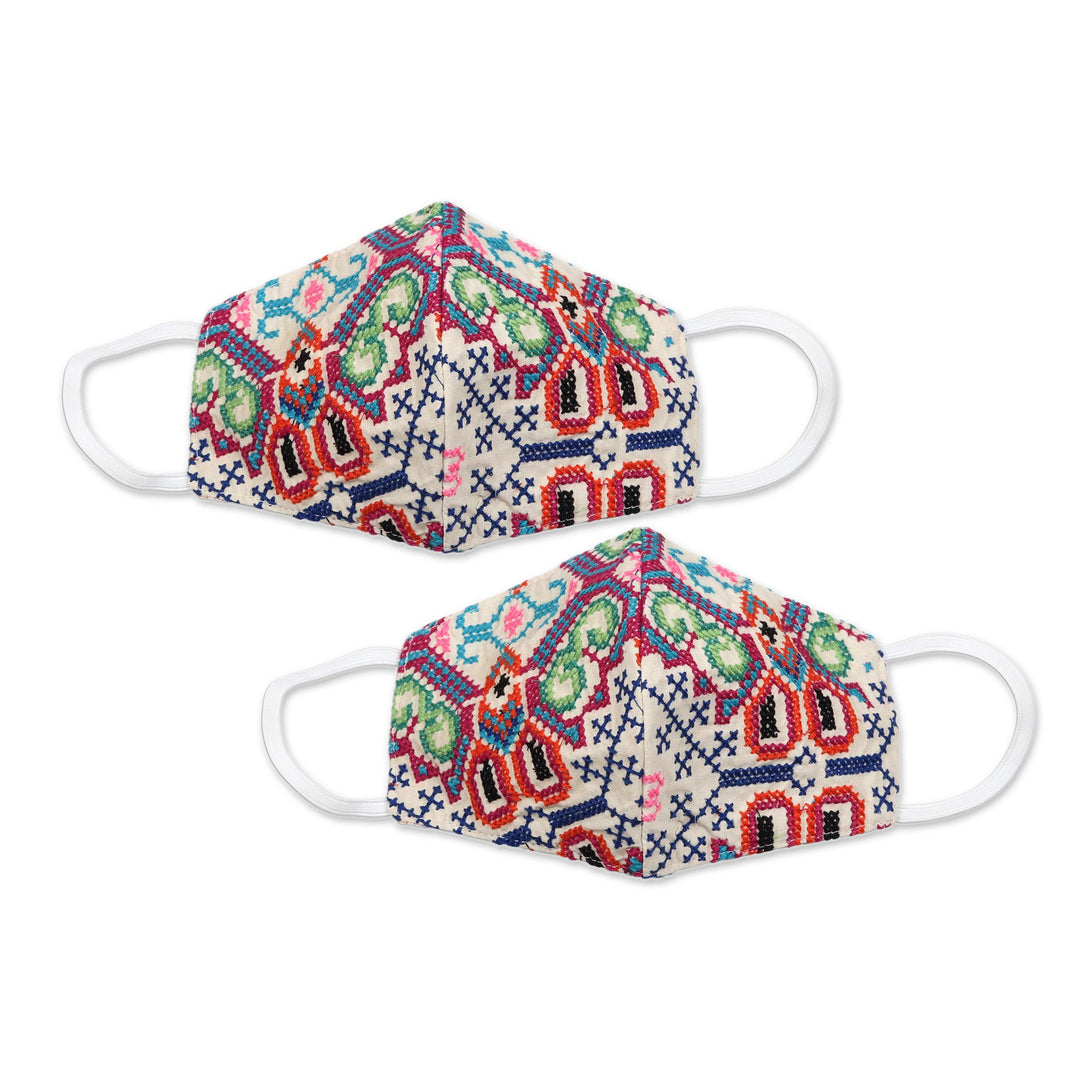 2 Handmade Colorful Cross Stitch Embroidered Face Masks - Bright Cross-Stitch