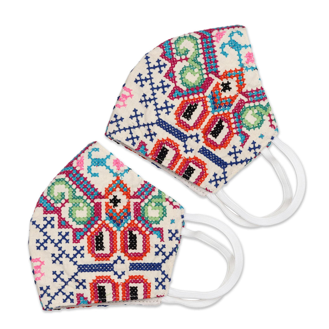 2 Handmade Colorful Cross Stitch Embroidered Face Masks - Bright Cross-Stitch