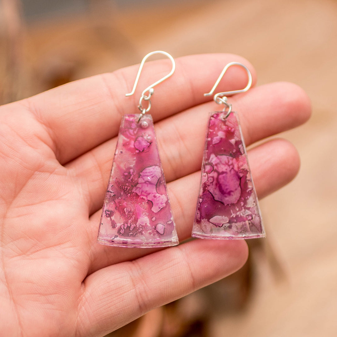 Recycled CD Dangle Earrings in Pink and Purple - Orchid Polygons
